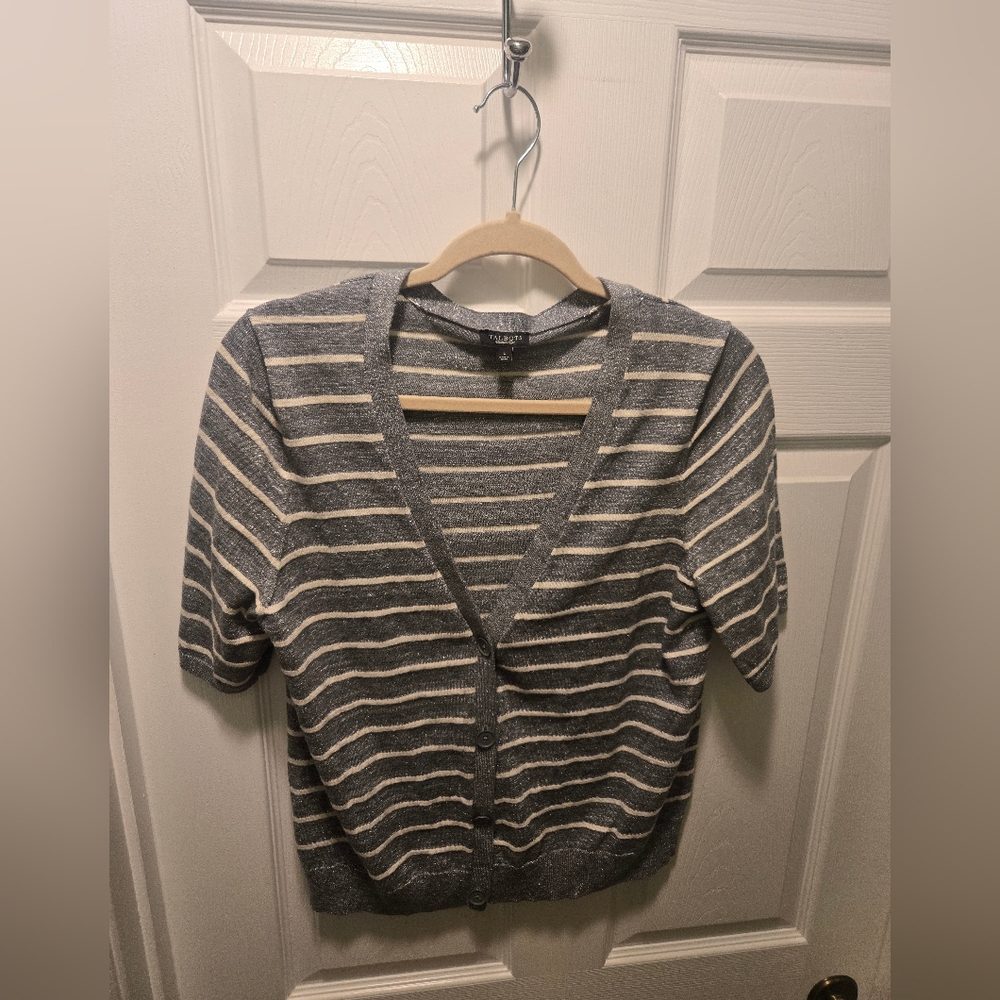 Talbots Gray and Cream Striped Cardigan